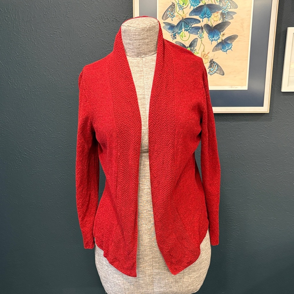 Eileen Fisher Italian Wool Open-Front Red Knit Cardigan Size Large